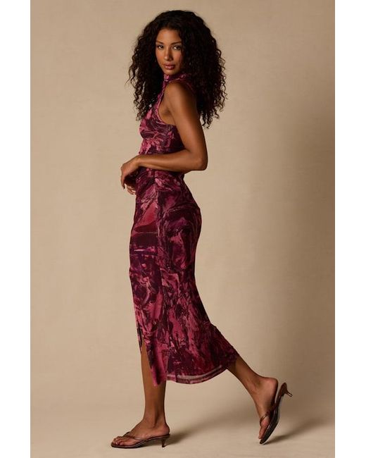 Lulus Red Sequoia Multi Abstract Mesh Mock Neck Midi Dress