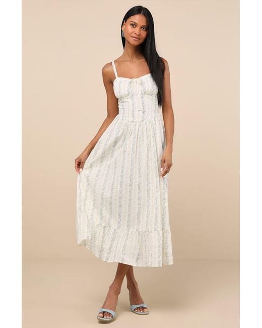 Lulus Natural Odilie Cream Floral Lace Sleeveless Midi Dress
