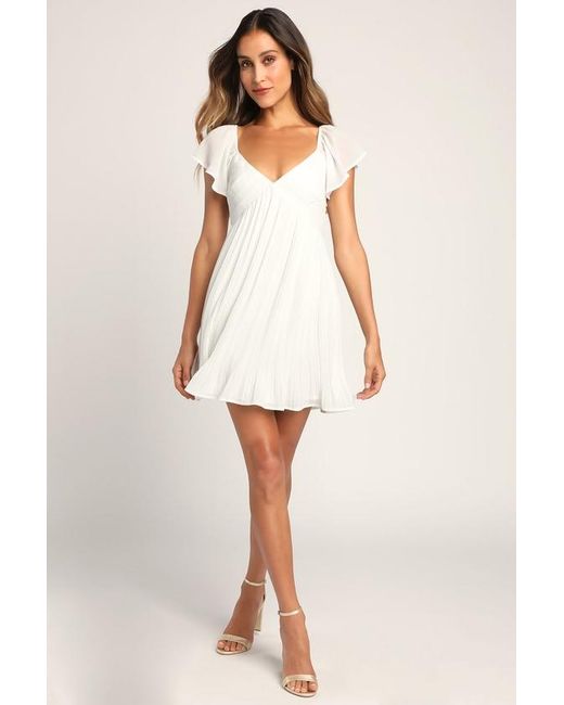 Lulus White Amalfi Coast Pleated Flutter Sleeve Mini Dress
