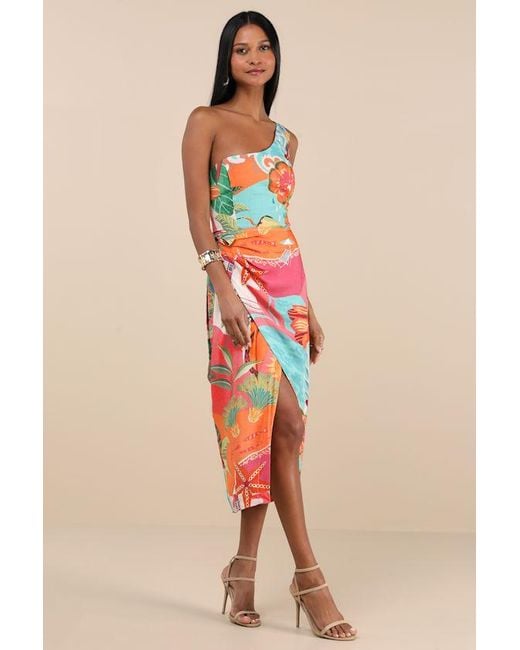 Lulus Blue Hilinai Multi Tropical Print Wrap Midi Dress