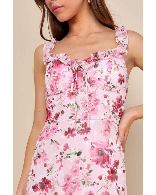 Lulus Pink Lovable Spirit Floral Burnout Ruffled High-Low Maxi Dress