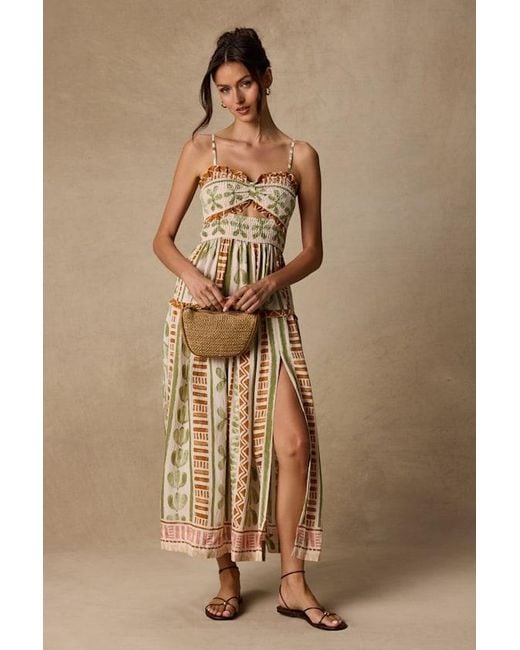 Lulus Brown Fiora Boho Print Ruffled Midi Dress
