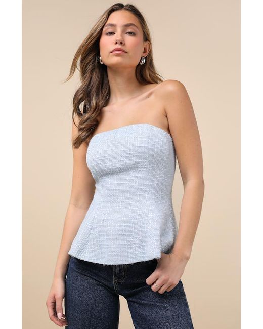Lulus Blue Sweetened Attitude Tweed Strapless Peplum Top