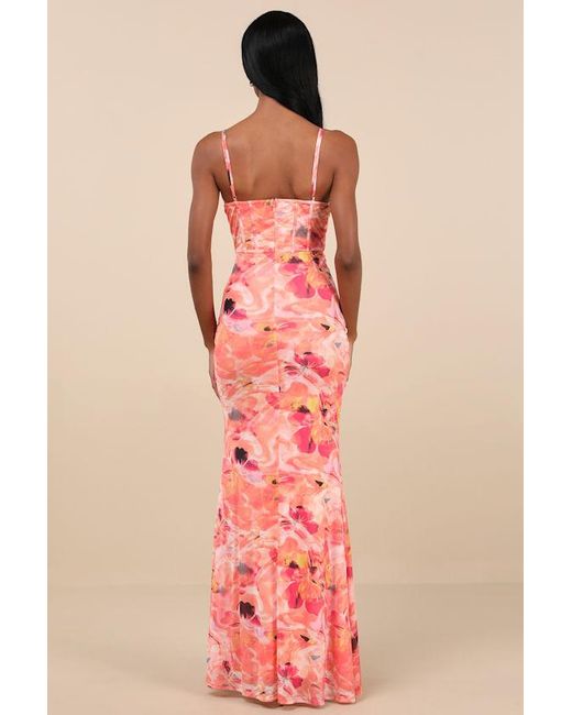 Lulus Pink Stunning Wonder Floral Mesh Bustier Mermaid Maxi Dress
