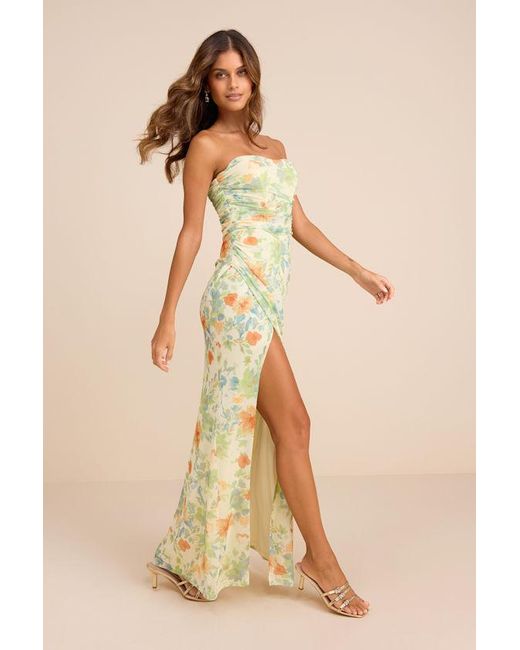Lulus Natural Epitome Of Allure Lime Floral Mesh Strapless Ruched Maxi Dress
