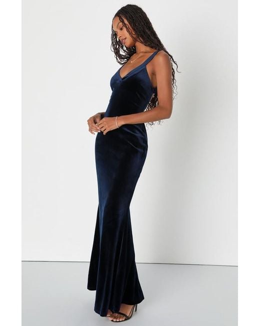 Lulus Blue Perfectly Classy Velvet Strappy Maxi Dress