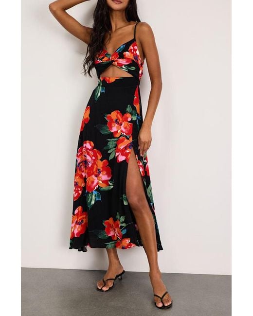 Lulus Red Tropical Blooms Floral Print Tie-Back Cutout Dress