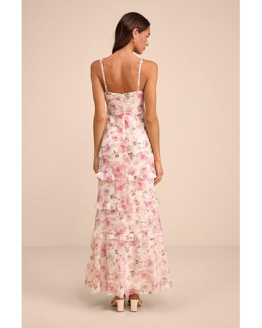 Lulus Natural Remiette Cream Floral Ruffled Empire Waist Maxi Dress