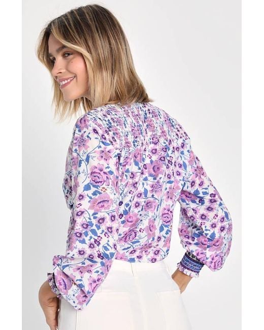 Lulus Purple Blooming With Style Floral Tie-Front Long Sleeve Crop Top