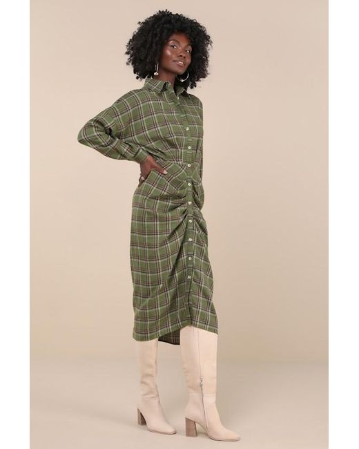 Lulus Green Seasonal Spirit Plaid Ruched Long Sleeve Midi Dress