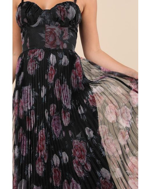 Lulus Black Alluring Invite Floral Pleated Bustier Midi Dress