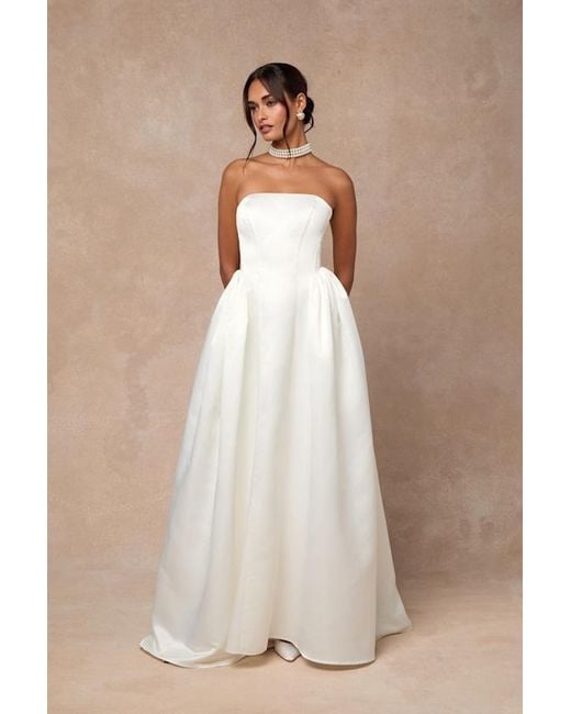 Lulus Natural Bennett Satin Strapless A-Line Maxi Dress