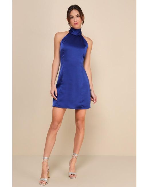 Lulus Blue Infinite Admiration Satin Halter Mini Dress