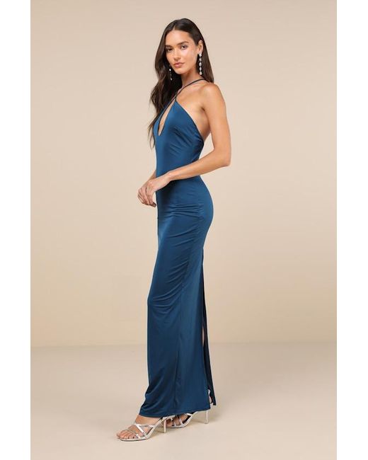 Lulus Blue Momentous Glamour Dark Cross-Front Backless Maxi Dress