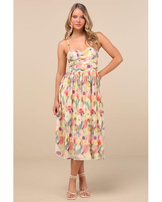 Lulus Yellow Aleyna Abstract Pleated Lace-Up Bustier Midi Dress
