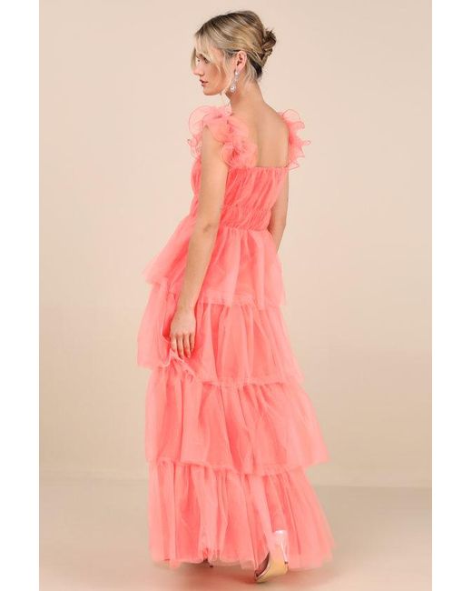 Lulus Pink Tulle For Love Mesh Tulle Tiered Ruffled Maxi Dress