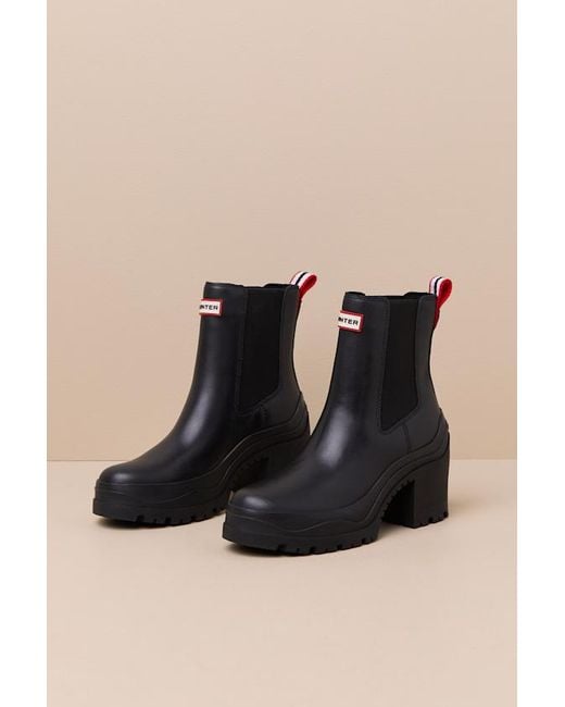 Hunter Black Miana Platform Waterproof Leather Ankle Boots