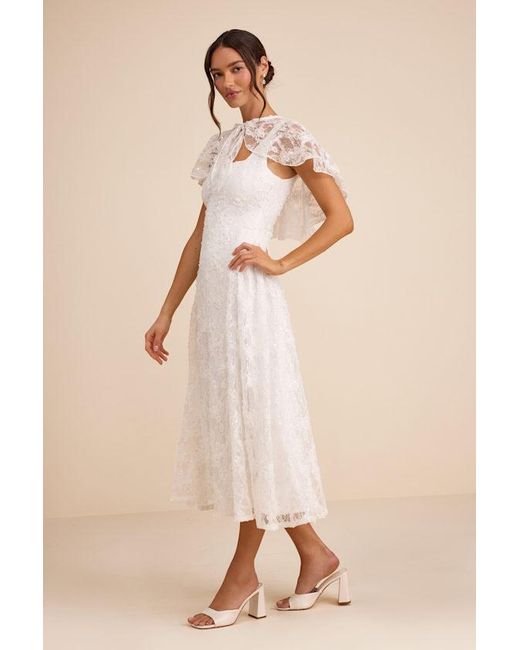 Lulus Natural Nikola Lace Sequin Cape Midi Dress