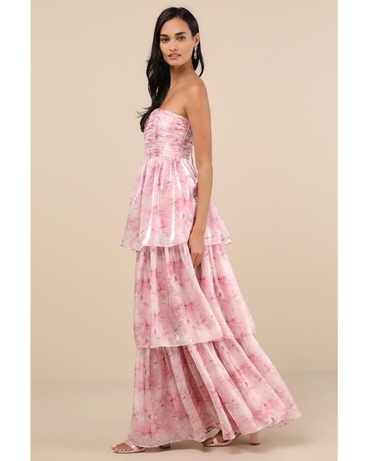 Lulus Pink Kamella Floral Pleated Strapless Tiered Maxi Dress