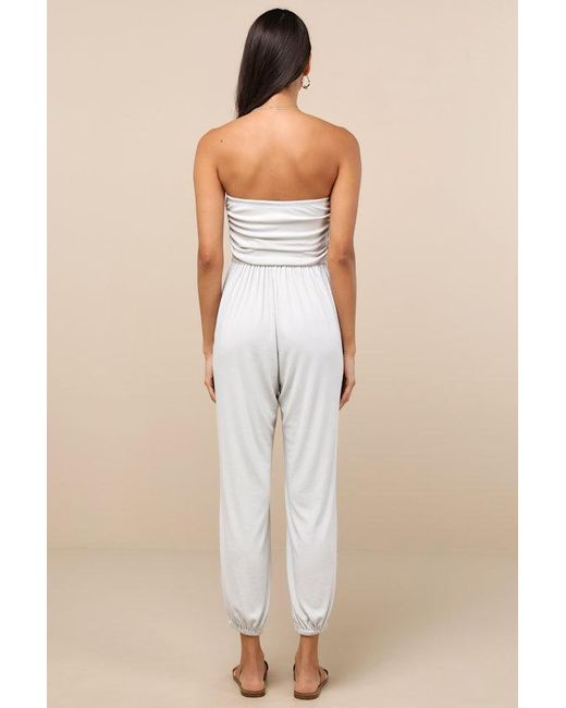 Lulus White Flawless Comfort Bone Ruched Strapless Jogger Jumpsuit