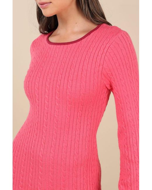 Lulus Pink Coziest Poise Cable Knit Long Sleeve Sweater Mini Dress