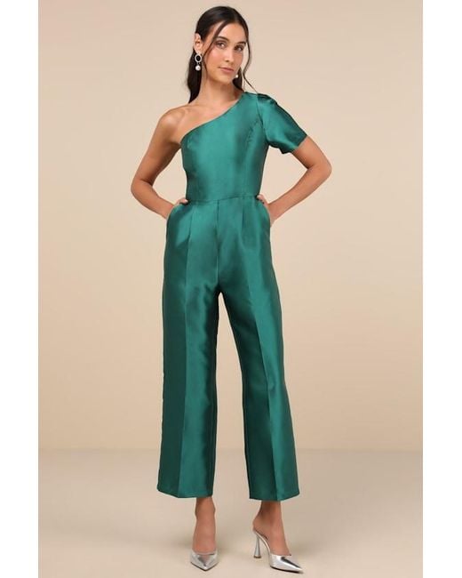 Lulus Blue Divine Dream Emerald Satin One-Shoulder Culotte Jumpsuit