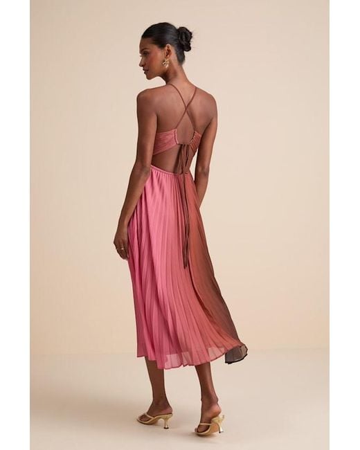 Lulus Pink Belisse Rust Ombre Pleated Lace-Up Midi Dress