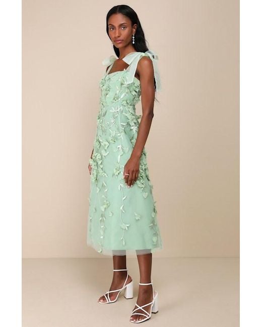 Lulus Green Effortlessly Sweet Sage Tulle 3D Floral Tie-Strap Midi Dress