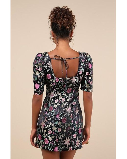 Lulus Black Decidedly Glam Floral Brocade Puff Sleeve Mini Dress