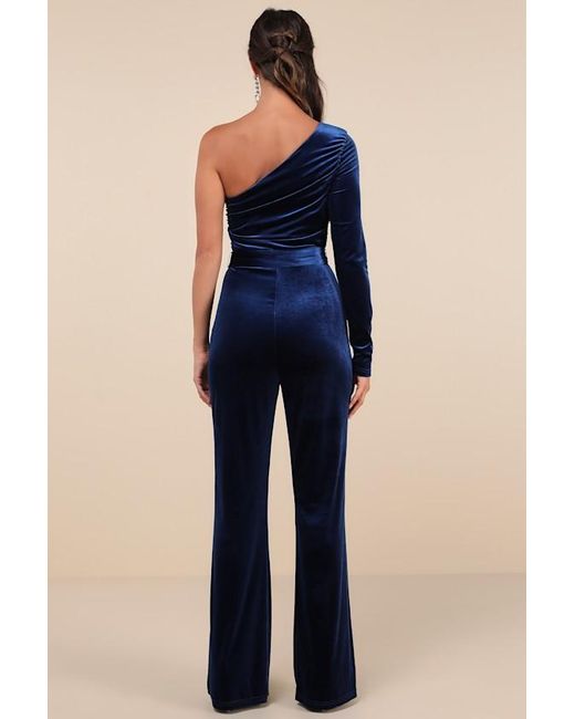 Lulus Blue Extraordinary Vibe Velvet One-Shoulder Jumpsuit