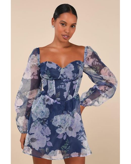 Lulus Blue Positively Enchanting Floral Organza Bustier Mini Dress