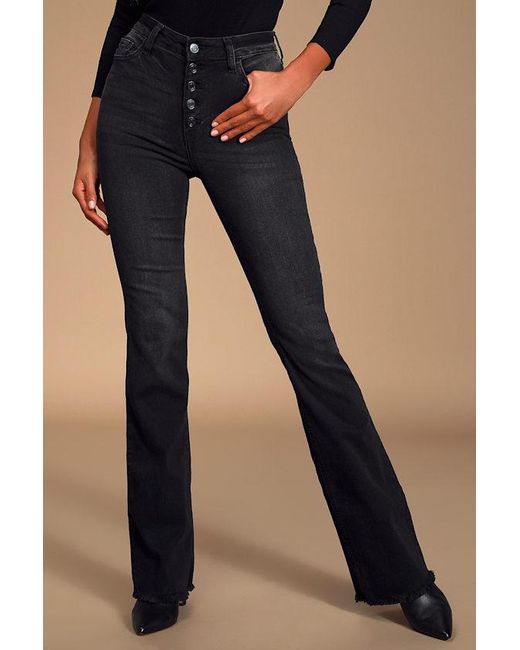 Lulus Blue Trina Washed Button-Fly Flare Jeans