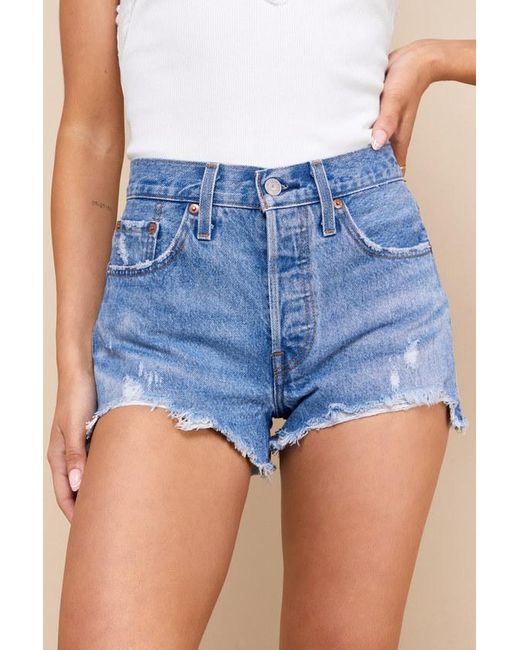Levi's Blue 501 Original High-Rise Medium Wash Distressed Denim Shorts