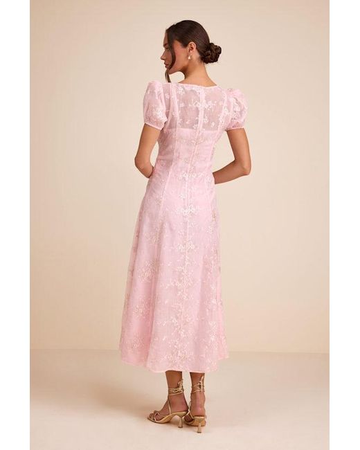 Lulus Pink Elfrieda Blush Floral Embroidered Puff Sleeve Midi Dress