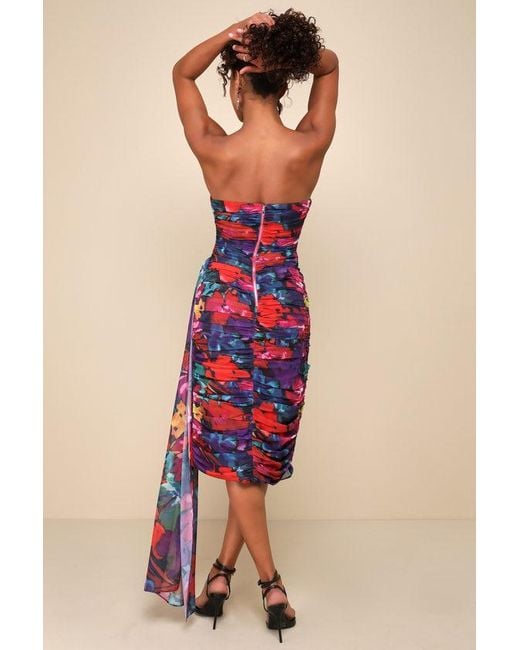 Lulus Red Uncommon Aesthetic Floral Strapless Bodycon Midi Dress