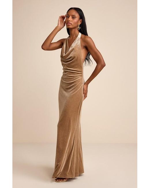 Lulus Natural Elarina Velvet Cowl Halter Mermaid Maxi Dress