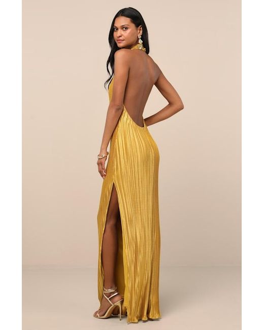 Lulus Gwenny Satin Plisse Maxi Dress in Yellow | Lyst Lulus Gwenny Satin Plisse Maxi Dress in Yellow | Lyst