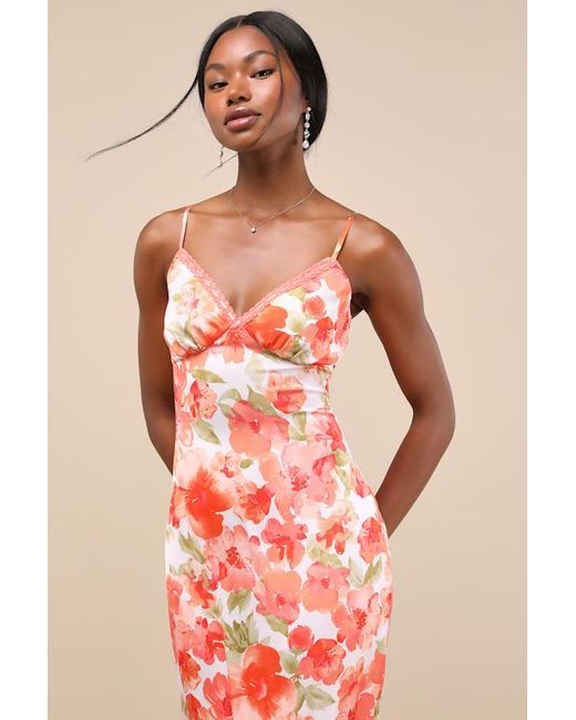 Lulus Red Mattie Floral Satin Lace Midi Slip Dress