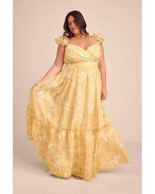 Lulus Yellow Soiree Perfection Floral Ruffled Tiered Maxi Dress