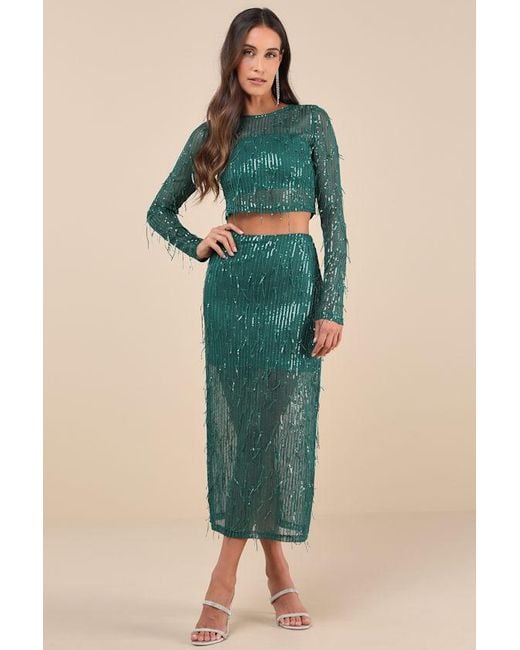 Lulus Green Greatest Sparkle Mesh Sequin Fringe Two-Piece Midi Dress