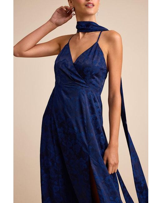 Lulus Blue Mahira Satin Jacquard Surplice Sash Scarf Maxi Dress