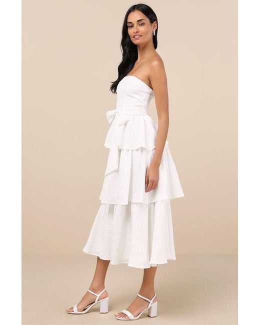 Lulus Natural Truly Marvelous Jacquard Strapless Tiered Midi Dress