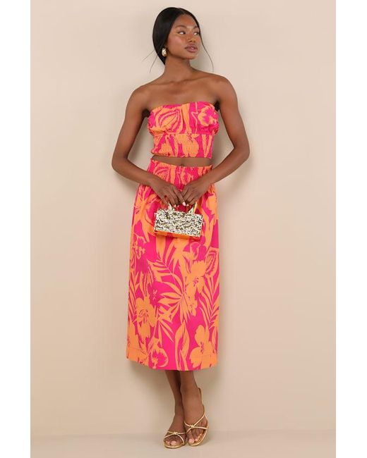 Lulus Red Luana And Floral High-Rise Midi Skirt