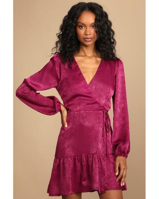 Lulus Red So Splendid Satin Long Sleeve Wrap Dress