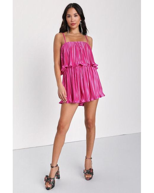 Lulus Pink Fun Flirt Hot Satin Plisse Sleeveless Romper