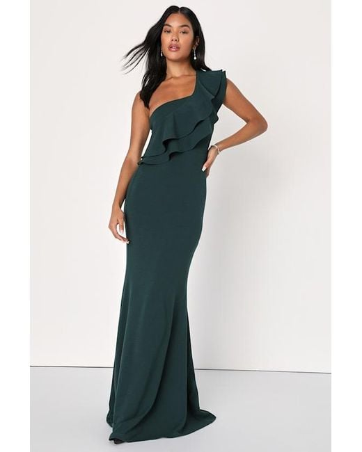 Lulus Blue Grand Beauty Emerald Ruffled One-Shoulder Mermaid Maxi Dress