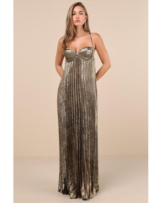 Lulus Green Brilliant Allure Metallic Lurex Pleated Maxi Dress