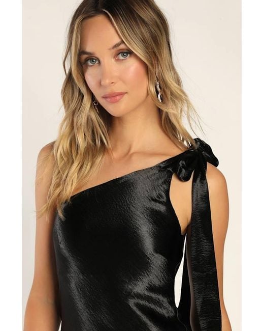 Lulus Black Lavish Looks Satin One-Shoulder Tie-Strap Maxi Dress