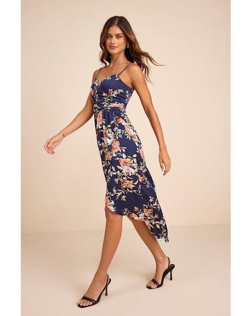 Lulus Blue My Favorite Day Floral Print Tulip Skirt Midi Dress