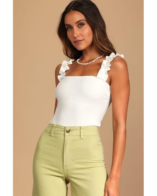 Lulus Natural Musing About You Ribbed Ruffle Strap Bodysuit